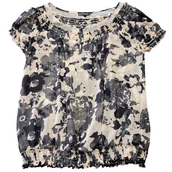 Express Tops - Express Short Cap Sleeves Floral Blouse Womens Small Black Sheer Stretch Shirt